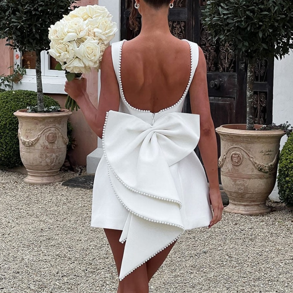 Women’s White Backless Mini Dress with Pearl-Edged Bow
